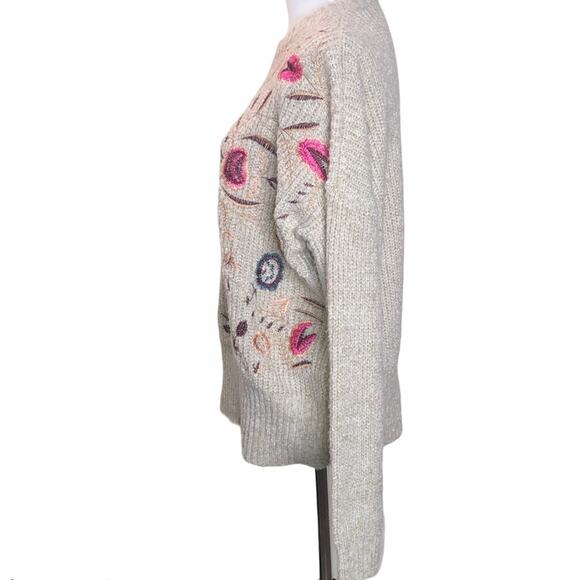 Woven Heart Embroidered Floral Sweater Tan Large - Picture 4 of 10